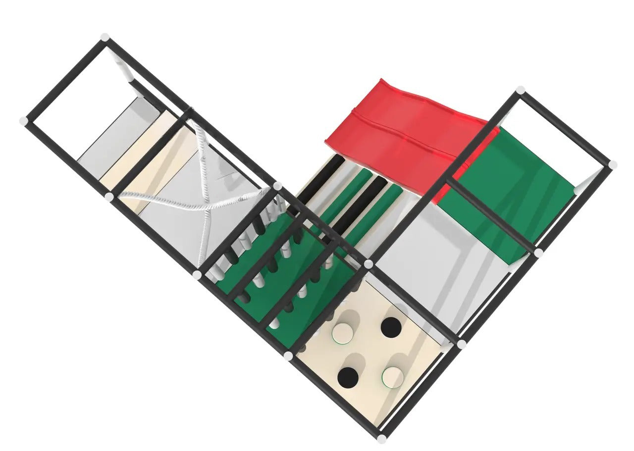 Children's maze 4x3x2 "Alpine" in black, white, green and beige colors, with play areas for children.