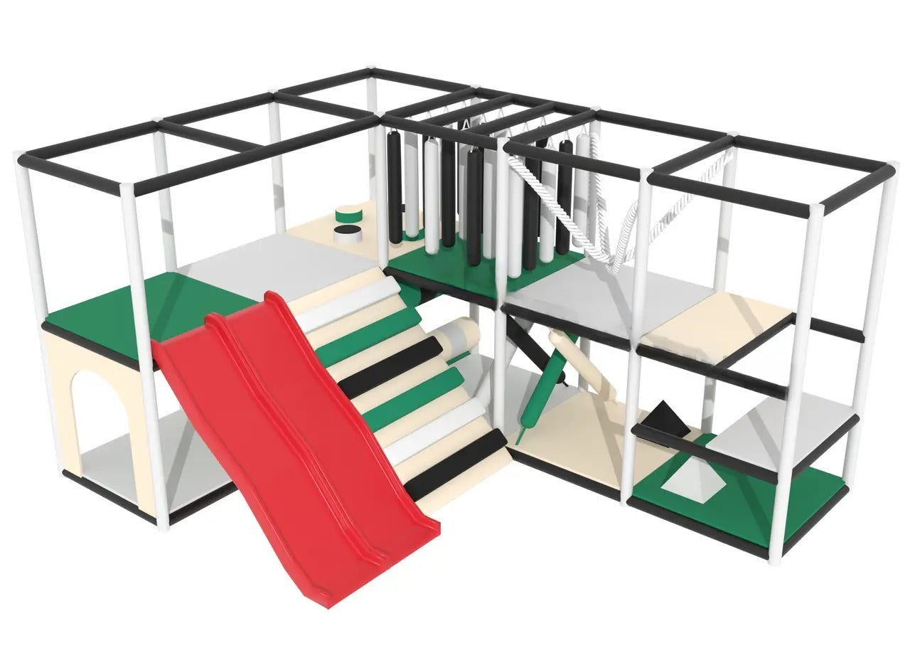 Children's labyrinth 4x3x2 "Alpine" with a red slide, various zones for games and activities.