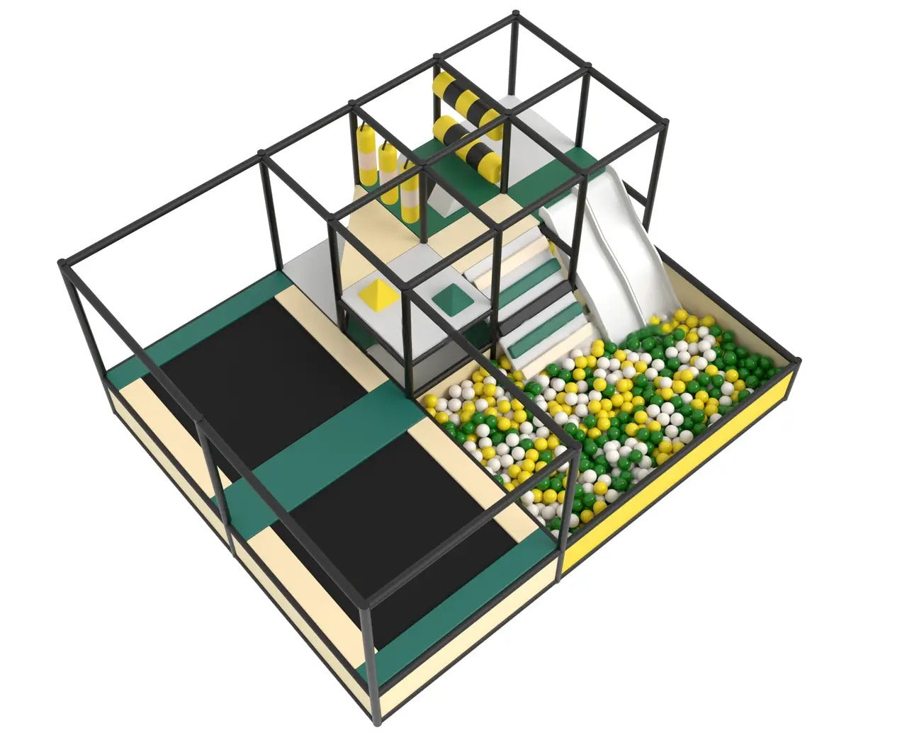 Дитячий лабіринт 5х4x2 "Onyx" з чорним каркасом, зеленими та жовтими акцентами та гіркою.